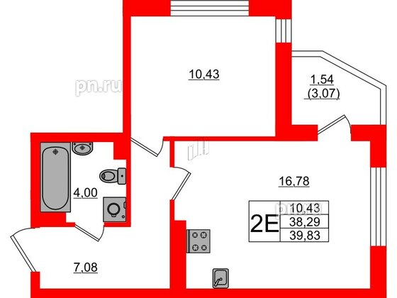 Квартира в ЖК «Поинт Токсово», 1 комнатная, 39.83 м², 3 этаж