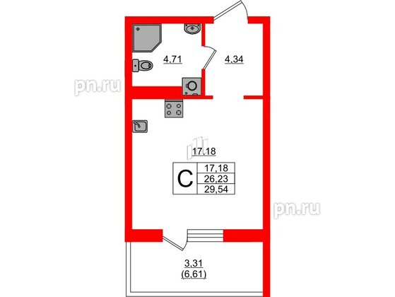 Квартира в ЖК «Поинт Токсово», студия, 29.54 м², 2 этаж