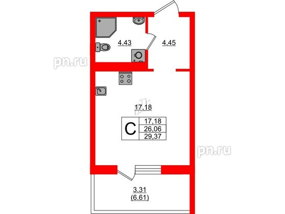 Квартира в ЖК «Поинт Токсово», студия, 29.37 м², 3 этаж