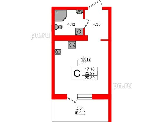 Квартира в ЖК «Поинт Токсово», студия, 29.3 м², 4 этаж