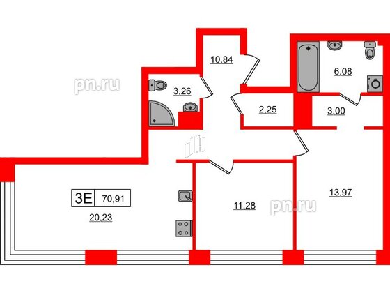 Квартира в ЖК Bashni Element , 2 комнатная, 70.91 м², 16 этаж