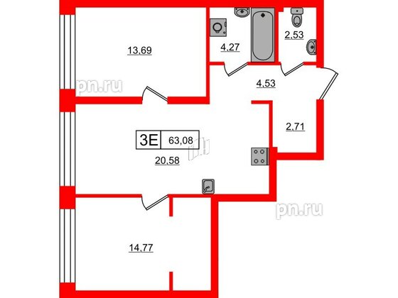 Квартира в ЖК Bashni Element , 2 комнатная, 63.08 м², 3 этаж