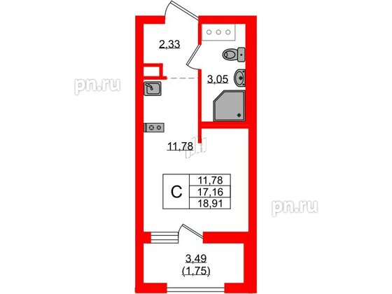 Квартира в ЖК UP-квартал Новый Московский, студия, 18.91 м², 2 этаж