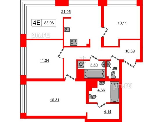 Квартира в ЖК Bashni Element , 3 комнатная, 83.06 м², 9 этаж