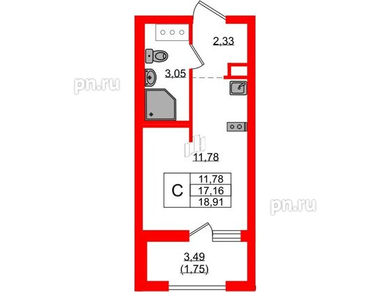 Квартира в ЖК UP-квартал Новый Московский, студия, 18.91 м², 2 этаж