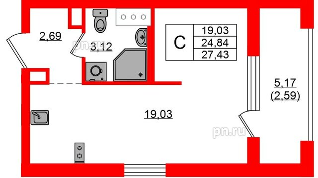Квартира в ЖК Квартал «Новый Московский», студия, 27.43 м², 4 этаж
