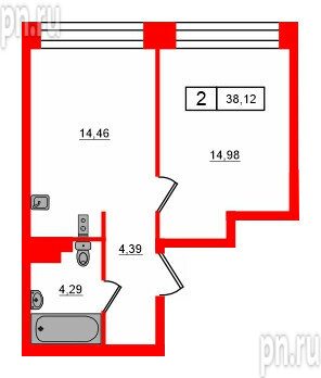 Квартира в ЖК Bashni Element , 1 комнатная, 38.12 м², 5 этаж