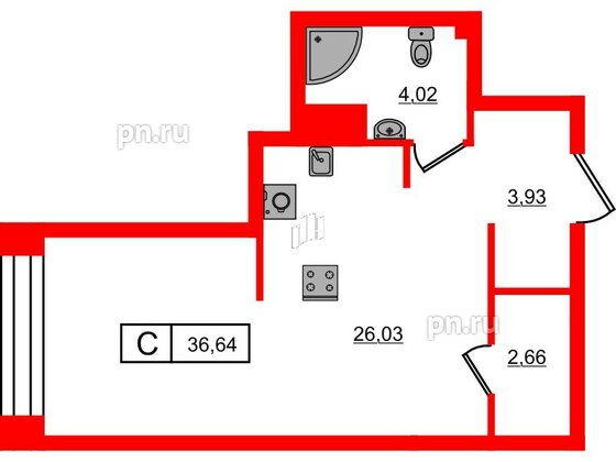 Квартира в ЖК Bashni Element , студия, 36.64 м², 6 этаж