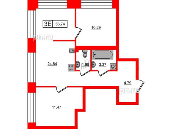 Квартира в ЖК Bashni Element , 2 комнатная, 56.74 м², 3 этаж