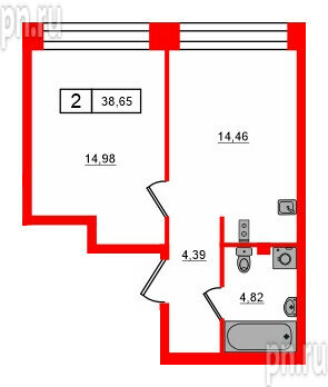 Квартира в ЖК Bashni Element , 1 комнатная, 38.65 м², 3 этаж