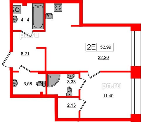 Квартира в ЖК «Башни Элемент», 1 комнатная, 52.99 м², 3 этаж