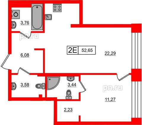 Квартира в ЖК «Башни Элемент», 1 комнатная, 52.65 м², 17 этаж