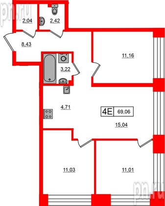 Квартира в ЖК «Башни Элемент», 3 комнатная, 69.06 м², 3 этаж