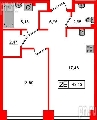 Квартира в ЖК «Башни Элемент», 1 комнатная, 48.13 м², 3 этаж