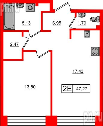 Квартира в ЖК «Башни Элемент», 1 комнатная, 47.27 м², 11 этаж