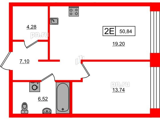Квартира в ЖК «Башни Элемент», 1 комнатная, 50.84 м², 3 этаж
