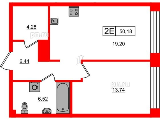 Квартира в ЖК «Башни Элемент», 1 комнатная, 50.18 м², 7 этаж