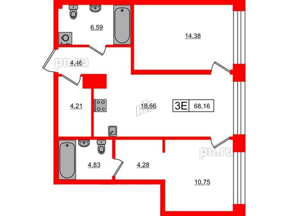 Квартира в ЖК Bashni Element , 2 комнатная, 68.16 м², 4 этаж