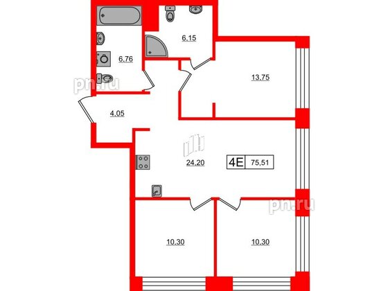 Квартира в ЖК Bashni Element , 3 комнатная, 75.51 м², 3 этаж