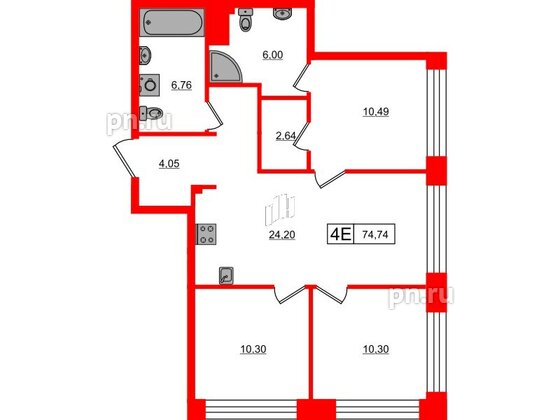 Квартира в ЖК Bashni Element , 3 комнатная, 74.74 м², 7 этаж