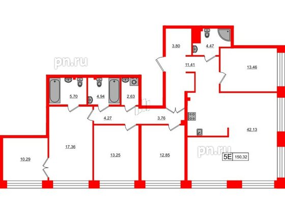 Квартира в ЖК Bashni Element , 4 комнатная, 150.32 м², 16 этаж