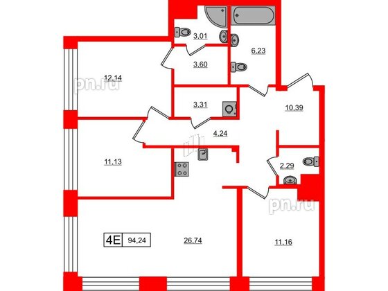 Квартира в ЖК Bashni Element , 3 комнатная, 94.24 м², 6 этаж