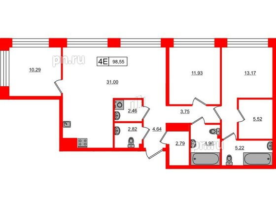 Квартира в ЖК «Башни Элемент», 3 комнатная, 98.55 м², 4 этаж