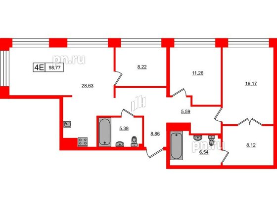 Квартира в ЖК «Башни Элемент», 3 комнатная, 98.77 м², 16 этаж