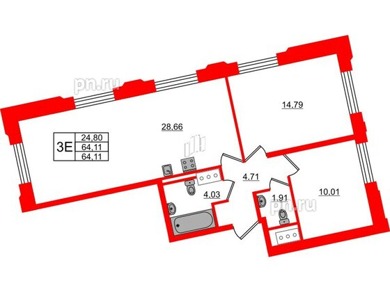 Квартира в ЖК Цивилизация на Неве, 2 комнатная, 64.11 м², 3 этаж