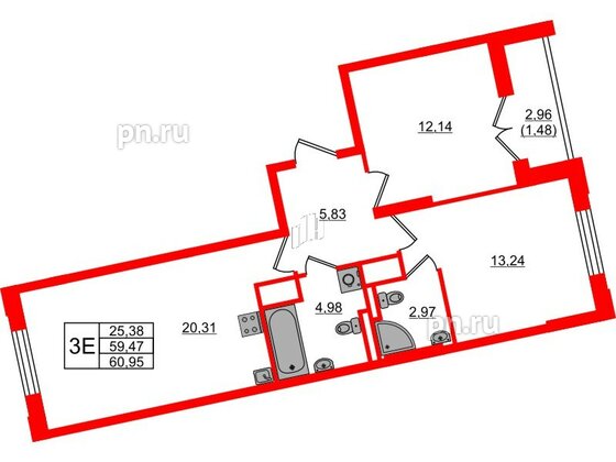 Квартира в ЖК Цивилизация на Неве, 2 комнатная, 60.95 м², 13 этаж