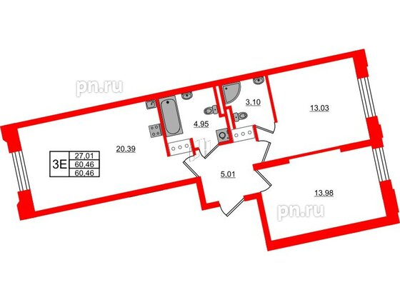 Квартира в ЖК Цивилизация на Неве, 2 комнатная, 60.46 м², 3 этаж