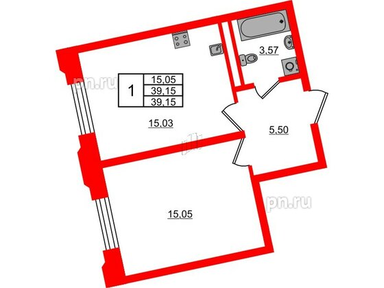 Квартира в ЖК Цивилизация на Неве, 1 комнатная, 39.15 м², 2 этаж