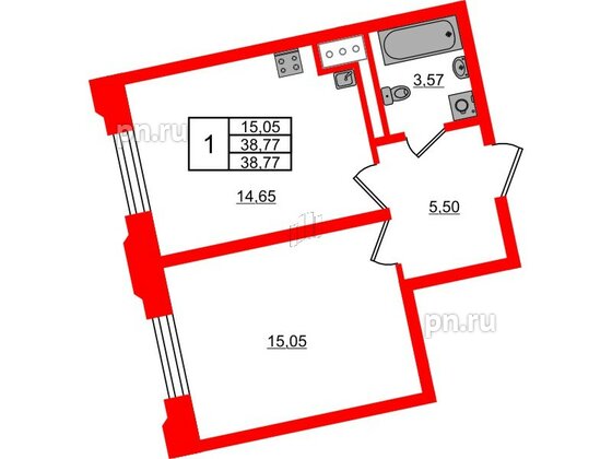 Квартира в ЖК Цивилизация на Неве, 1 комнатная, 38.77 м², 3 этаж