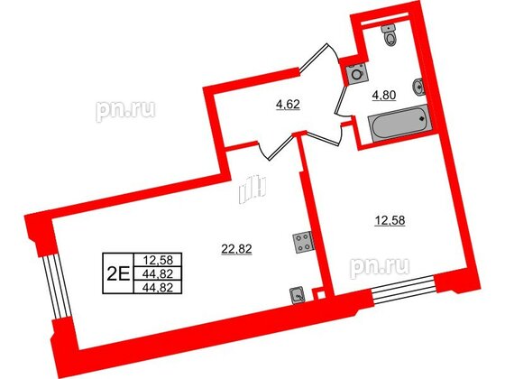 Квартира в ЖК Цивилизация на Неве, 1 комнатная, 44.82 м², 2 этаж