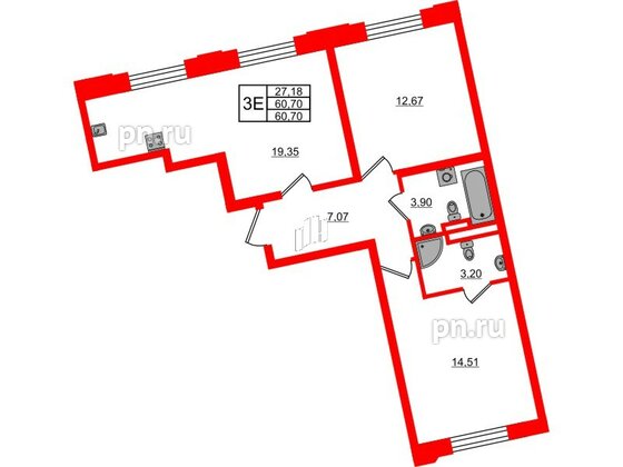 Квартира в ЖК Цивилизация на Неве, 2 комнатная, 60.7 м², 2 этаж