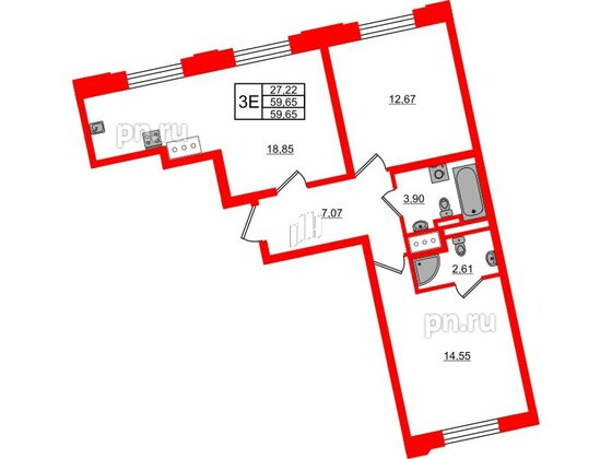 Квартира в ЖК Цивилизация на Неве, 2 комнатная, 59.65 м², 3 этаж