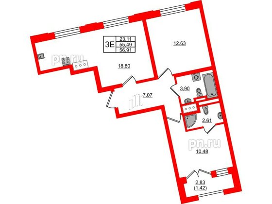 Квартира в ЖК Цивилизация на Неве, 2 комнатная, 56.91 м², 6 этаж