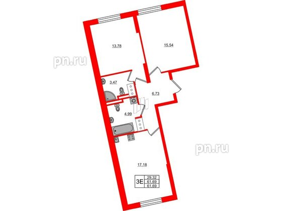 Квартира в ЖК Цивилизация на Неве, 2 комнатная, 61.69 м², 5 этаж