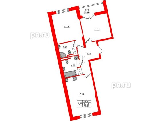 Квартира в ЖК Цивилизация на Неве, 2 комнатная, 58.79 м², 6 этаж