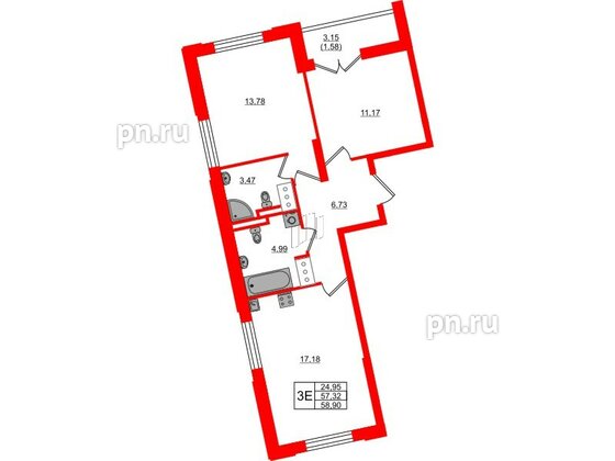 Квартира в ЖК Цивилизация на Неве, 2 комнатная, 58.9 м², 15 этаж