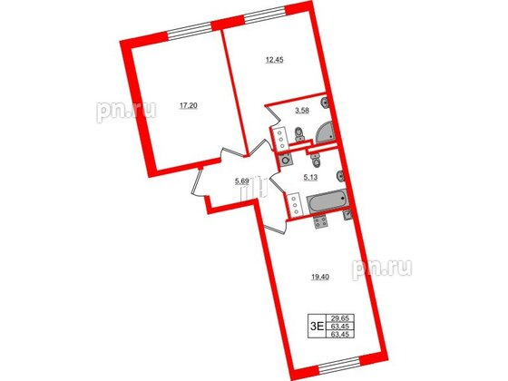 Квартира в ЖК Цивилизация на Неве, 2 комнатная, 63.45 м², 5 этаж