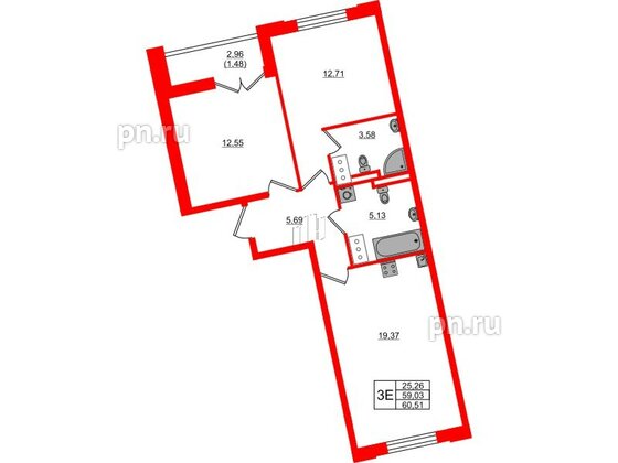 Квартира в ЖК Цивилизация на Неве, 2 комнатная, 60.51 м², 6 этаж