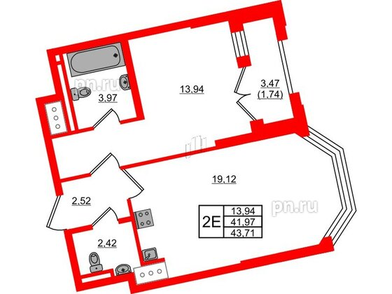 Квартира в ЖК Цивилизация на Неве, 1 комнатная, 43.71 м², 13 этаж