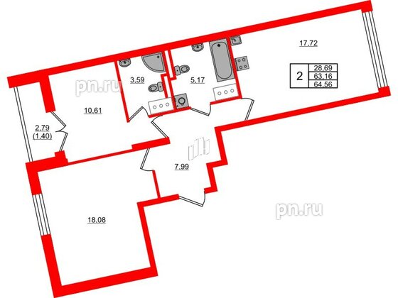 Квартира в ЖК Цивилизация на Неве, 2 комнатная, 64.56 м², 16 этаж