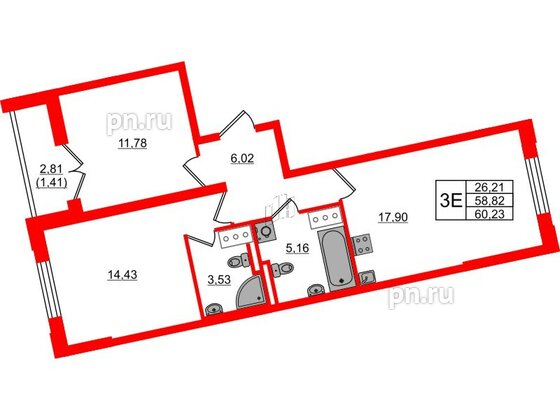 Квартира в ЖК Цивилизация на Неве, 2 комнатная, 60.23 м², 16 этаж