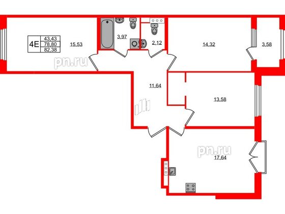 Квартира в ЖК Дубровский, 3 комнатная, 78.8 м², 4 этаж