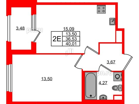 Квартира в ЖК Дубровский, 1 комнатная, 36.53 м², 1 этаж