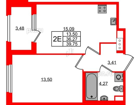 Квартира в ЖК Дубровский, 1 комнатная, 36.27 м², 3 этаж