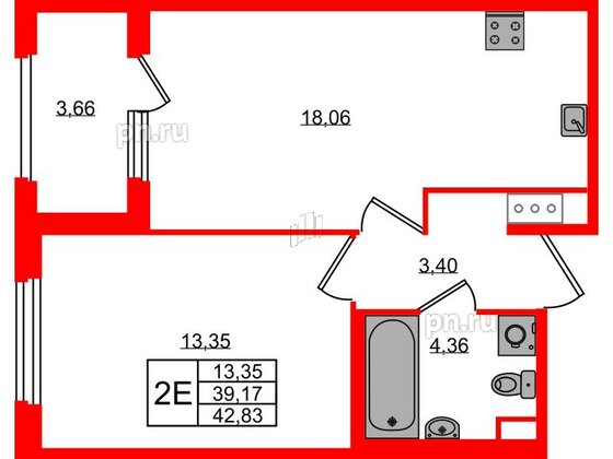 Квартира в ЖК Дубровский, 1 комнатная, 39.17 м², 2 этаж