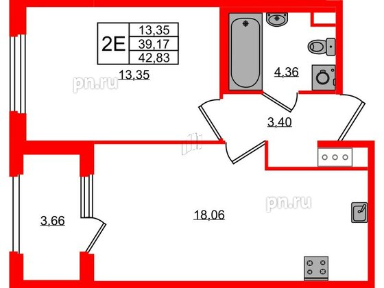 Квартира в ЖК Дубровский, 1 комнатная, 39.17 м², 2 этаж